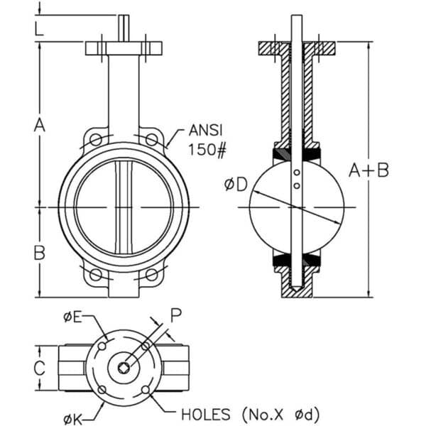 Wafer Style Butterfly Valves with Gear Operator Reference Drawing
