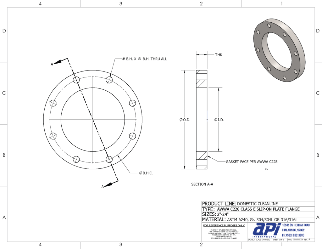 (.png) DOMESTIC STAINLESS STEEL SLIP ON PLATE FLANGE AWWA C228 CLASS SE CLEANLINE