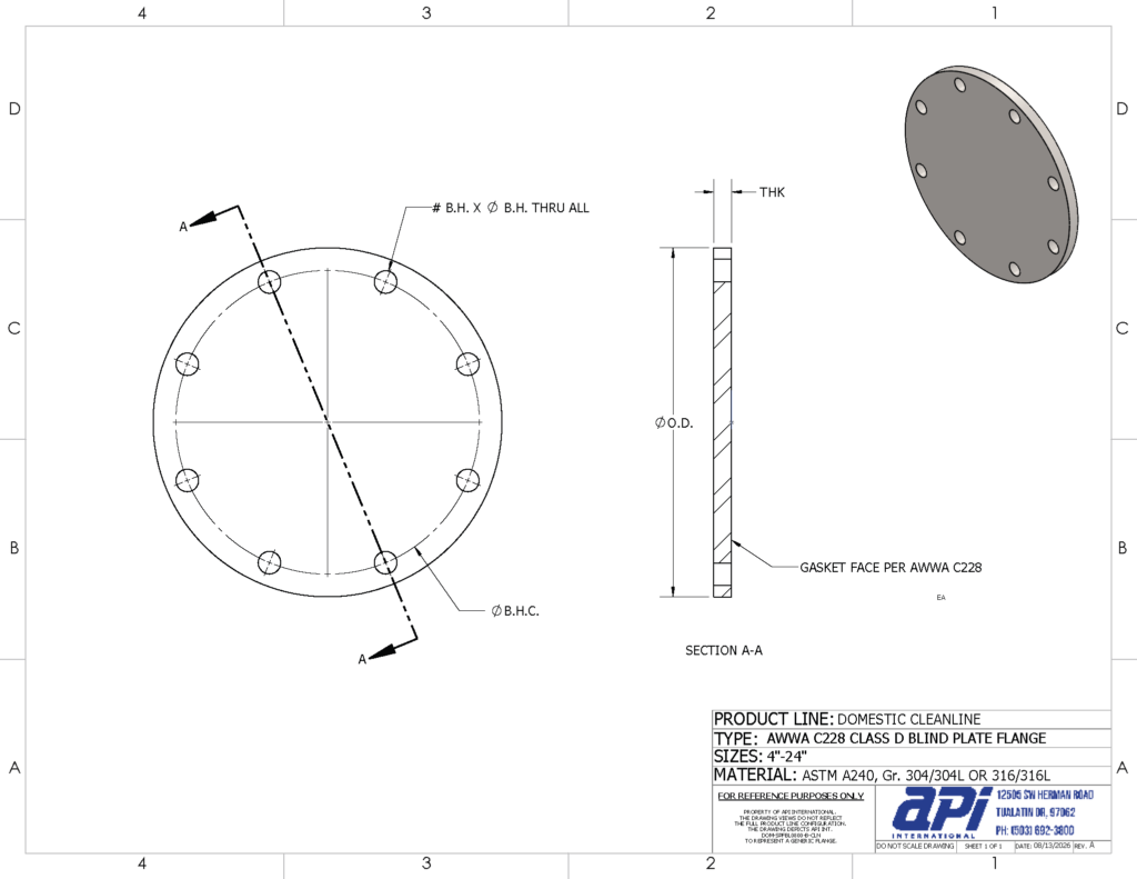 (.png) DOMESTIC STAINLESS STEEL BLIND PLATE FLANGE AWWA C228 CLASS SD CLEANLINE
