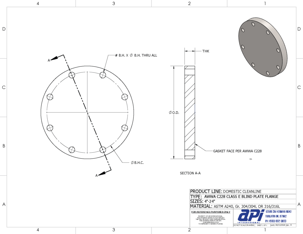 (.png) DOMESTIC STAINLESS STEEL BLIND PLATE FLANGE AWWA C228 CLASS SE CLEANLINE