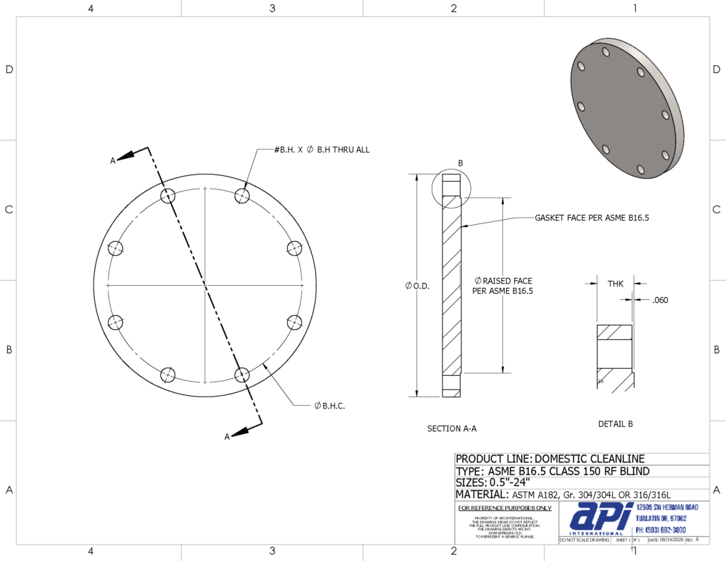 (.png) DOMESTIC STAINLESS STEEL RAISED FACE BLIND FLANGE ANSI/ASME B16.5 CLASS 150 CLEANLINE