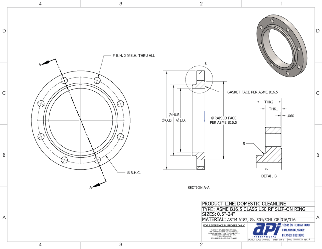 (.png) DOMESTIC STAINLESS STEEL RAISED FACE SLIP ON FLANGE ANSI/ASME B16.5 CLASS 150 CLEANLINE