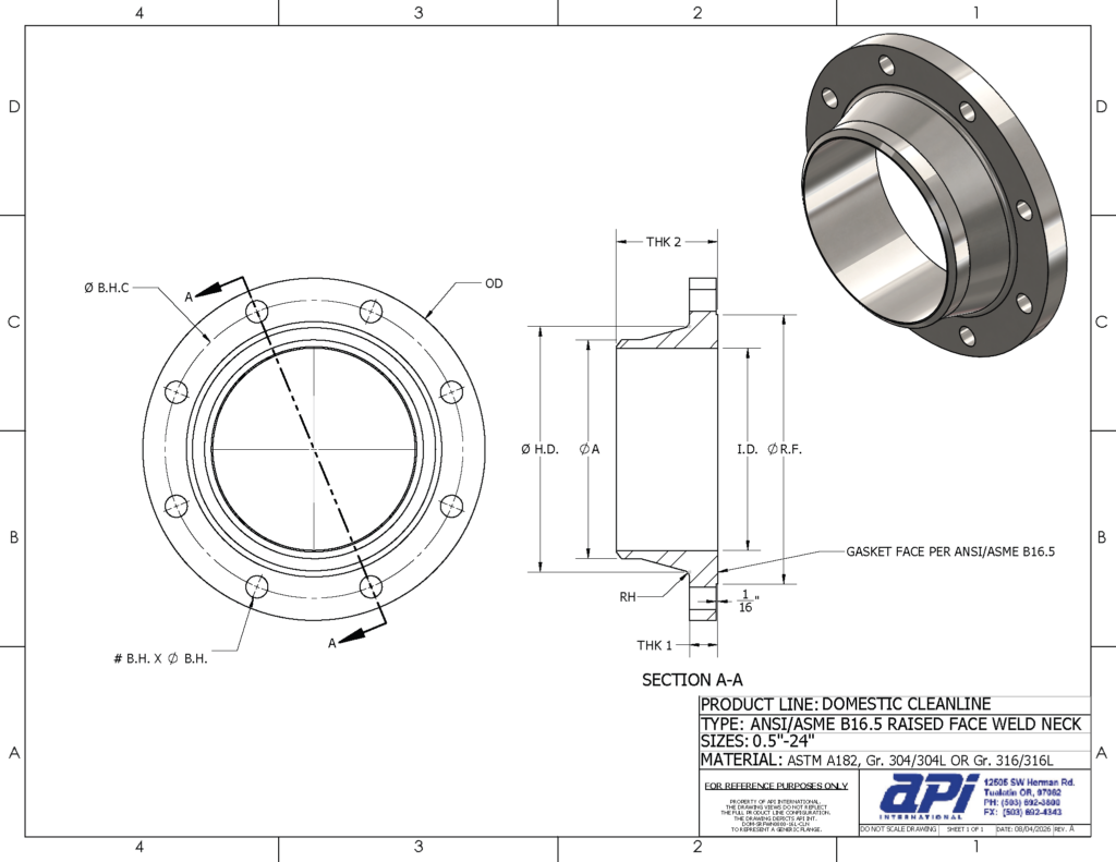 (.png) DOMESTIC STAINLESS STEEL RAISED FACE WELD NECK FLANGE ANSI/ASME B16.5 CLASS 150 CLEANLINE
